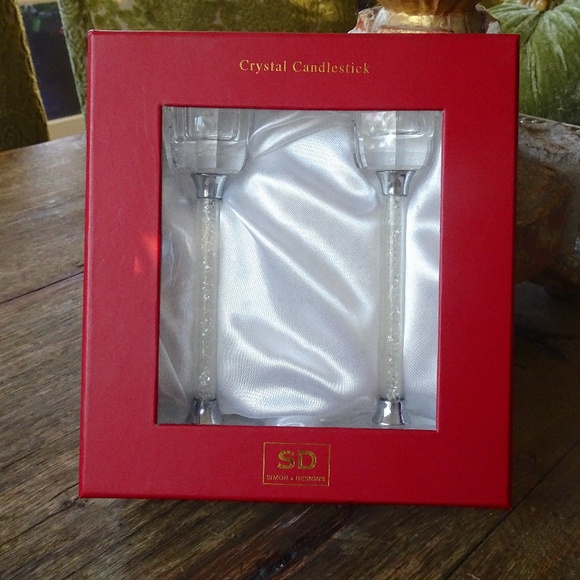 New in Box Set of 2 Simon Design Clear Crystal Diamond Stem Candlestick Holders - Picture 1 of 11